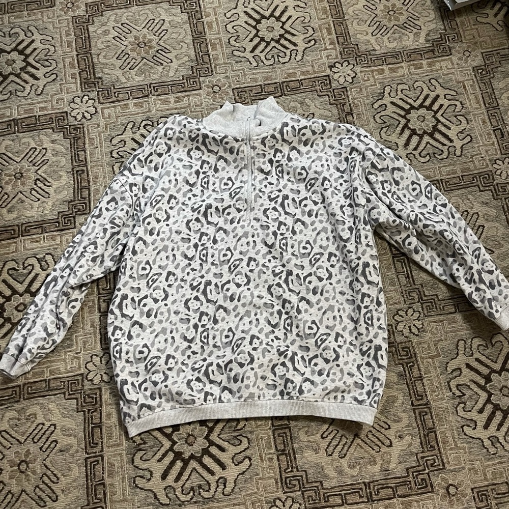 Aerie Oversize Grey Leopard Quarterzip Sweatshirt